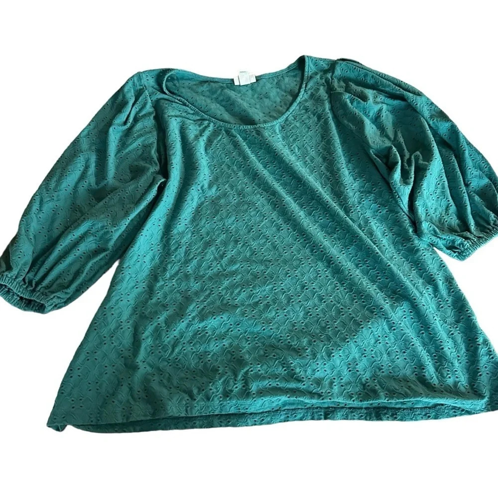 Ava & Viv women's 1X teal eyelet blouse 3/4 sleeve